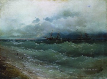 イワン・コンスタンティノヴィチ・アイヴァゾフスキー Painting - 嵐の海の船 日の出 1871年 ロマンチックなイワン・アイヴァゾフスキー ロシア